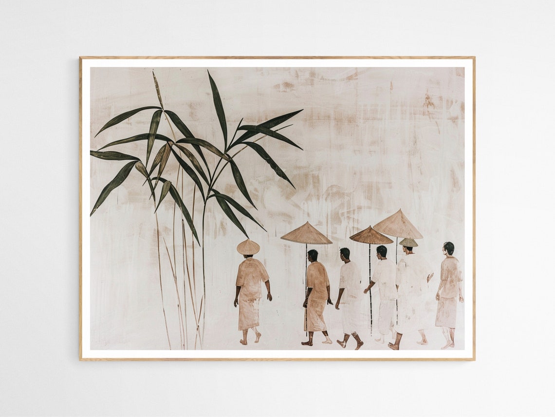 Filipino Men Walking Bamboo Groves Minimalist Ink Wash Art Poster