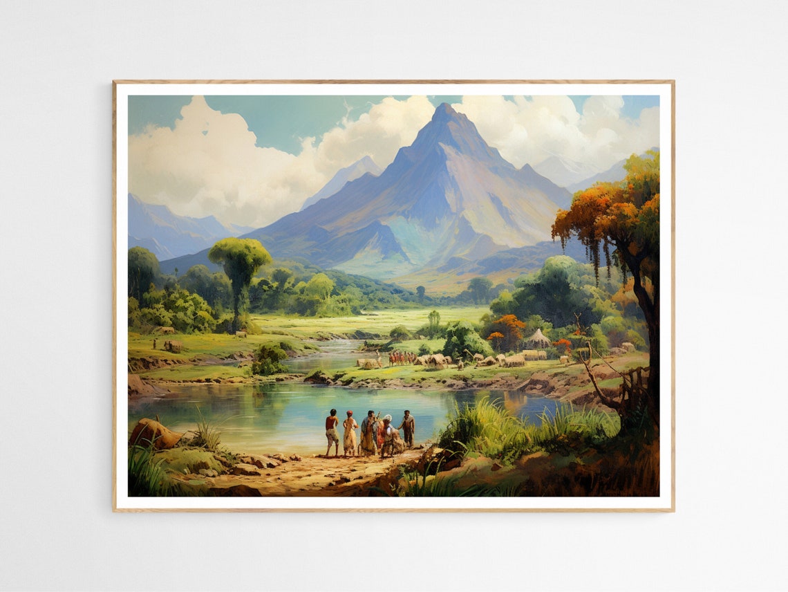 Philippines Riverside Village Blue Mountain View Tropical Art Poster