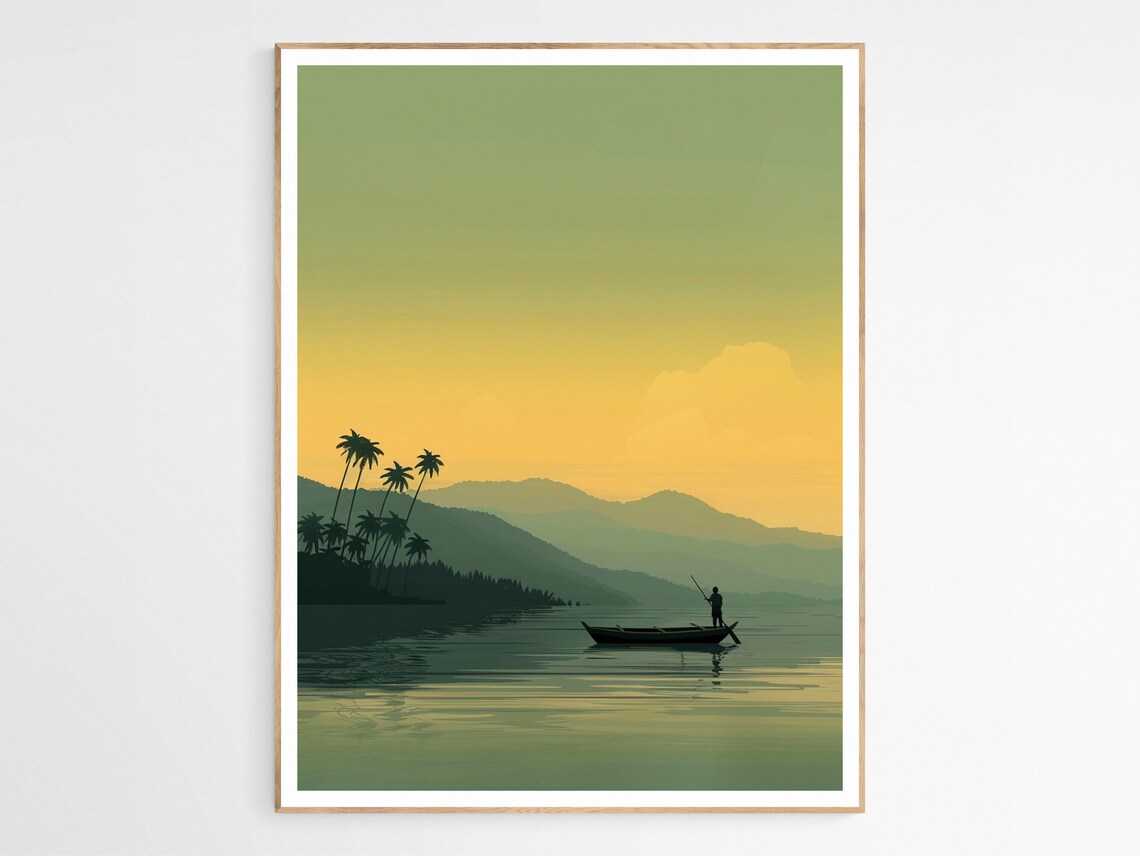 Tropical Fisherman Silhouette Sunset Lake Calm Water Scene Poster