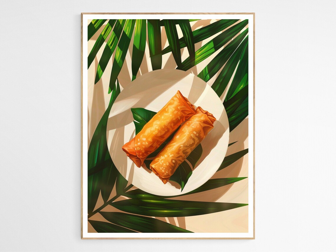 Golden Crispy Lumpia on Palm Leaf Food Illustration Art Poster