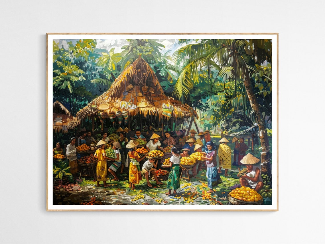 Philippines Market Scene Fruit Vendors Vibrant Village Art Poster