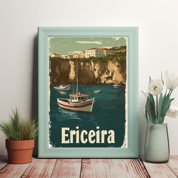 Vintage Illustration Of Ericeira Harbor Serene Coastal Scene With Classic Boats And Charming Architecture