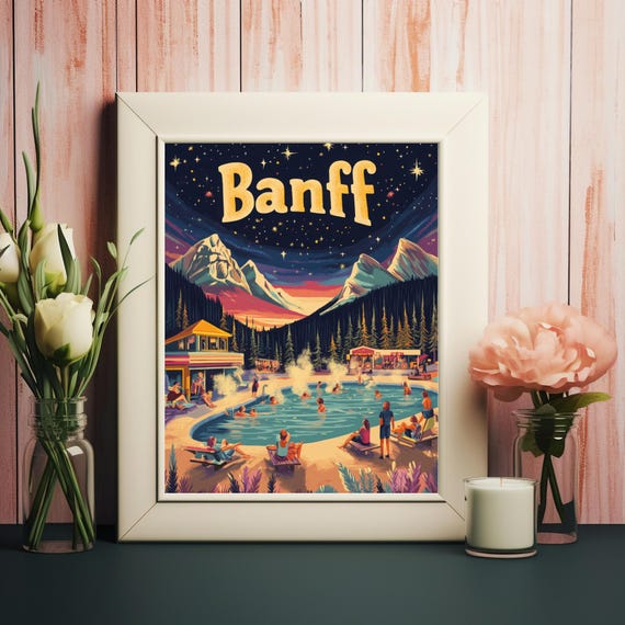Dreamy Banff Pool Scene At Night With Majestic Mountains And Starry Sky Vibrant Art Print