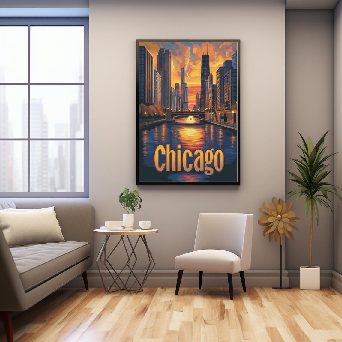 Vibrant Chicago Sunset Skyline Artistic Art Print With River Reflection And Bold Chicago Typography - Image 3