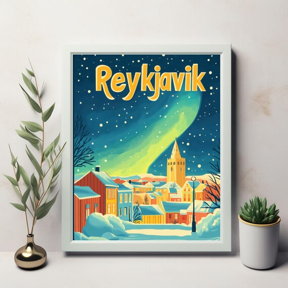 Enchanting Reykjavik Nightscape With Aurora Borealis Whimsical Retro Art For Instant