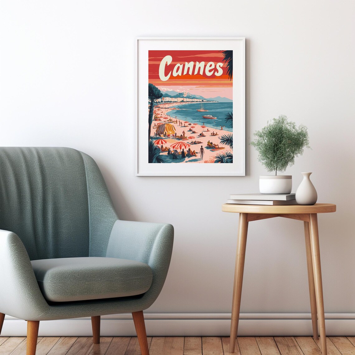 Cannes Beach Scene Retro Art Print, Sunset Coastline - Image 2