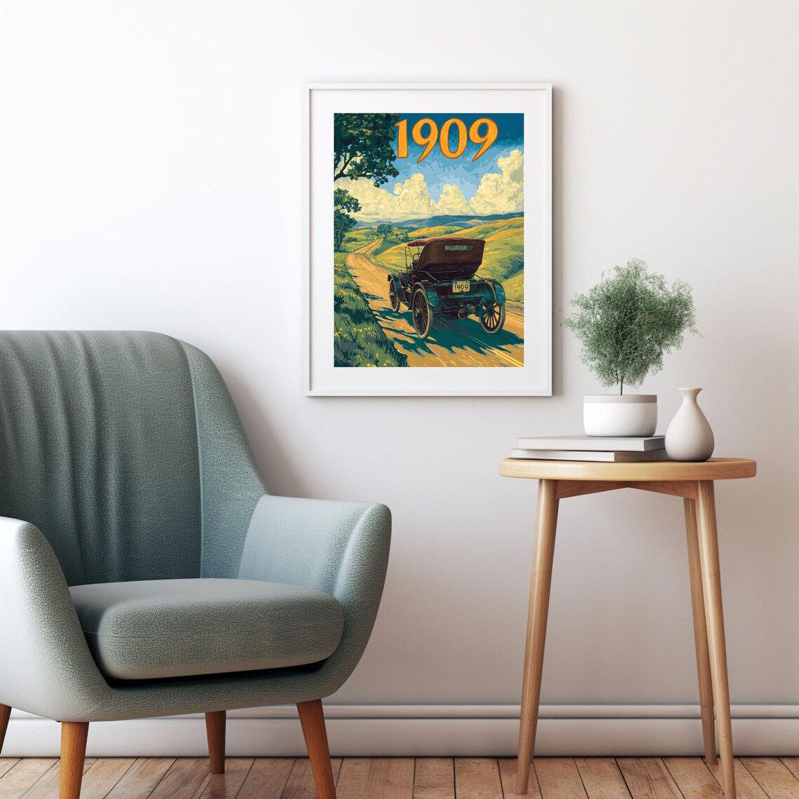 1909 Classic Automobile Cruising Winding Country Road Hillside Scene Poster - Image 2