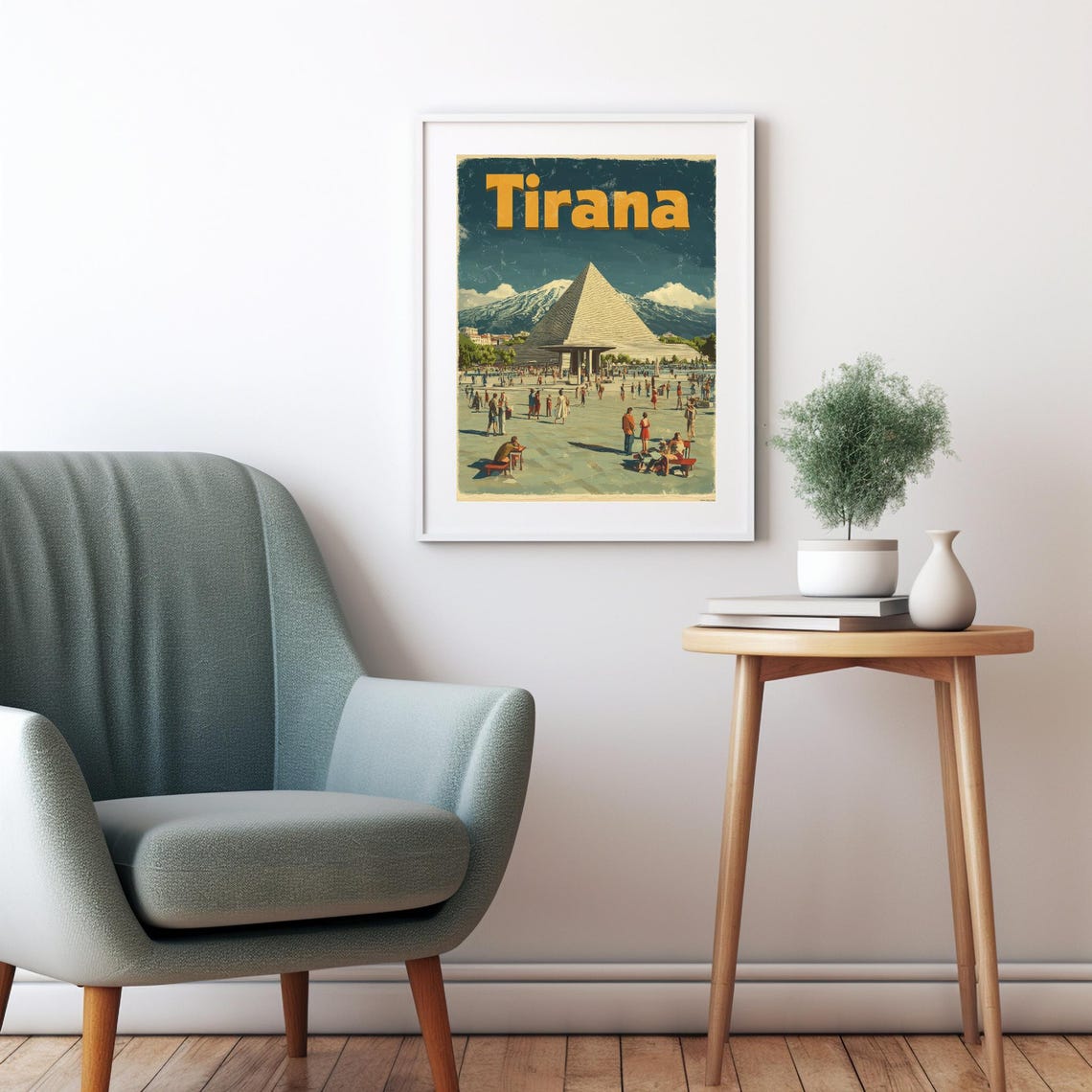 Vintage Inspired Art Of Tirana Featuring The Iconic Pyramid Structure And Snow Capped Mountains - Image 2