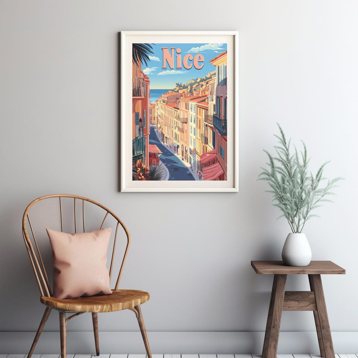 Vibrant Street Scene In Nice France Charming Coastal Art With Pastel Buildings And Blue Sea Vintage Travel Poster Style