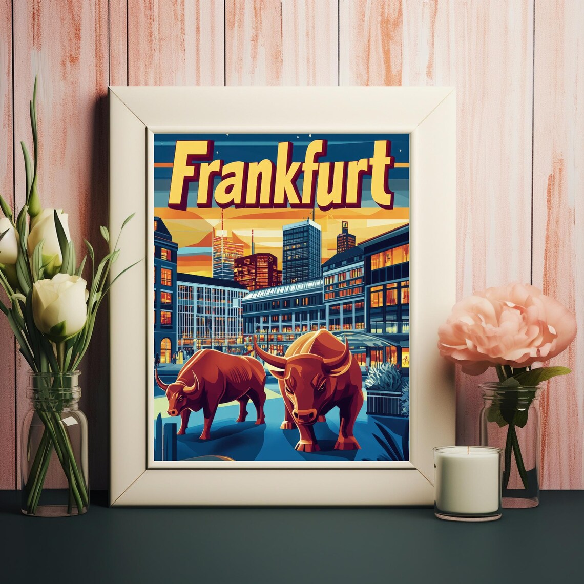 Frankfurt Cityscape, Retro Travel Poster Style Art Print