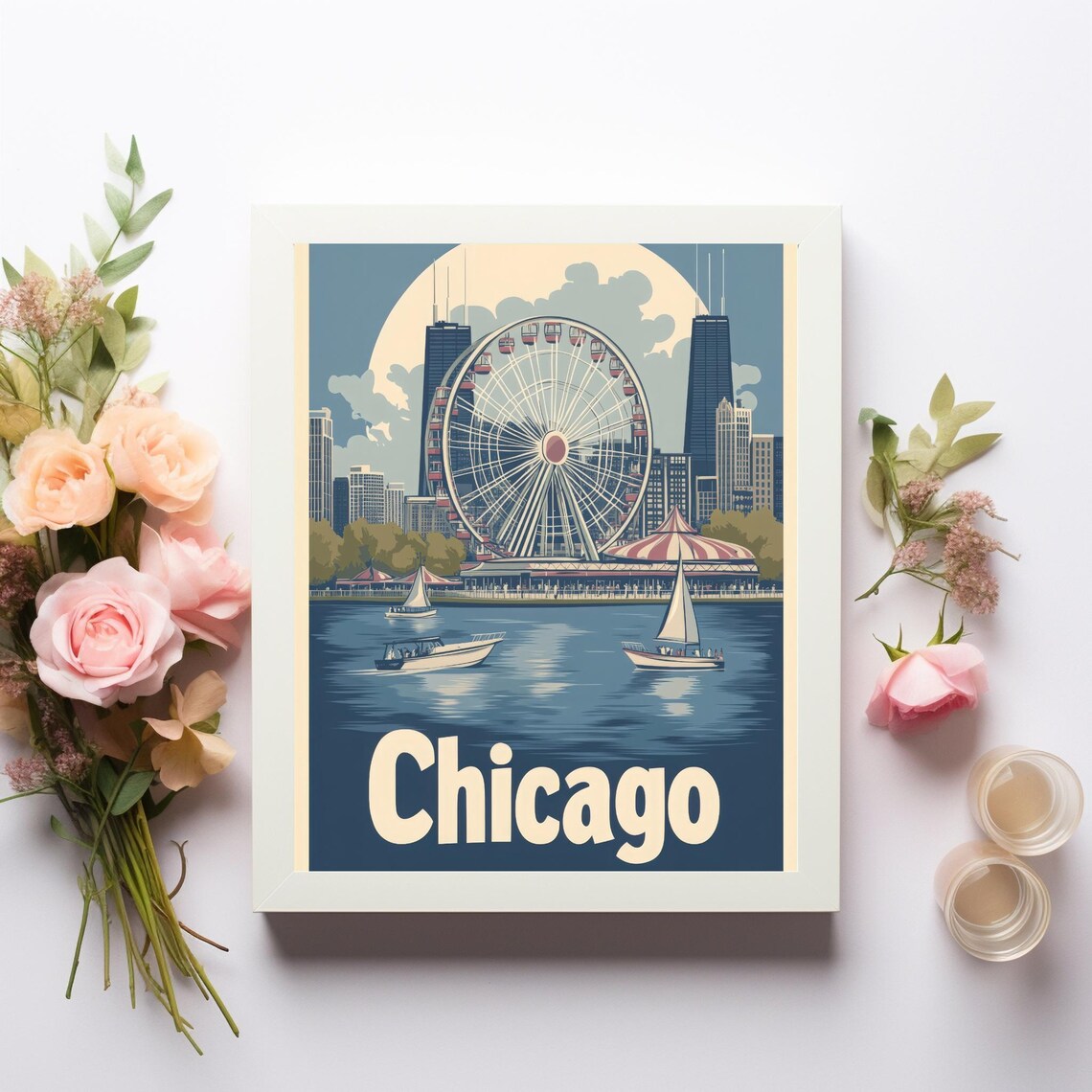 Chicago's Charm Vintage Inspired Ferris Wheel Skyline Art Print - Image 2