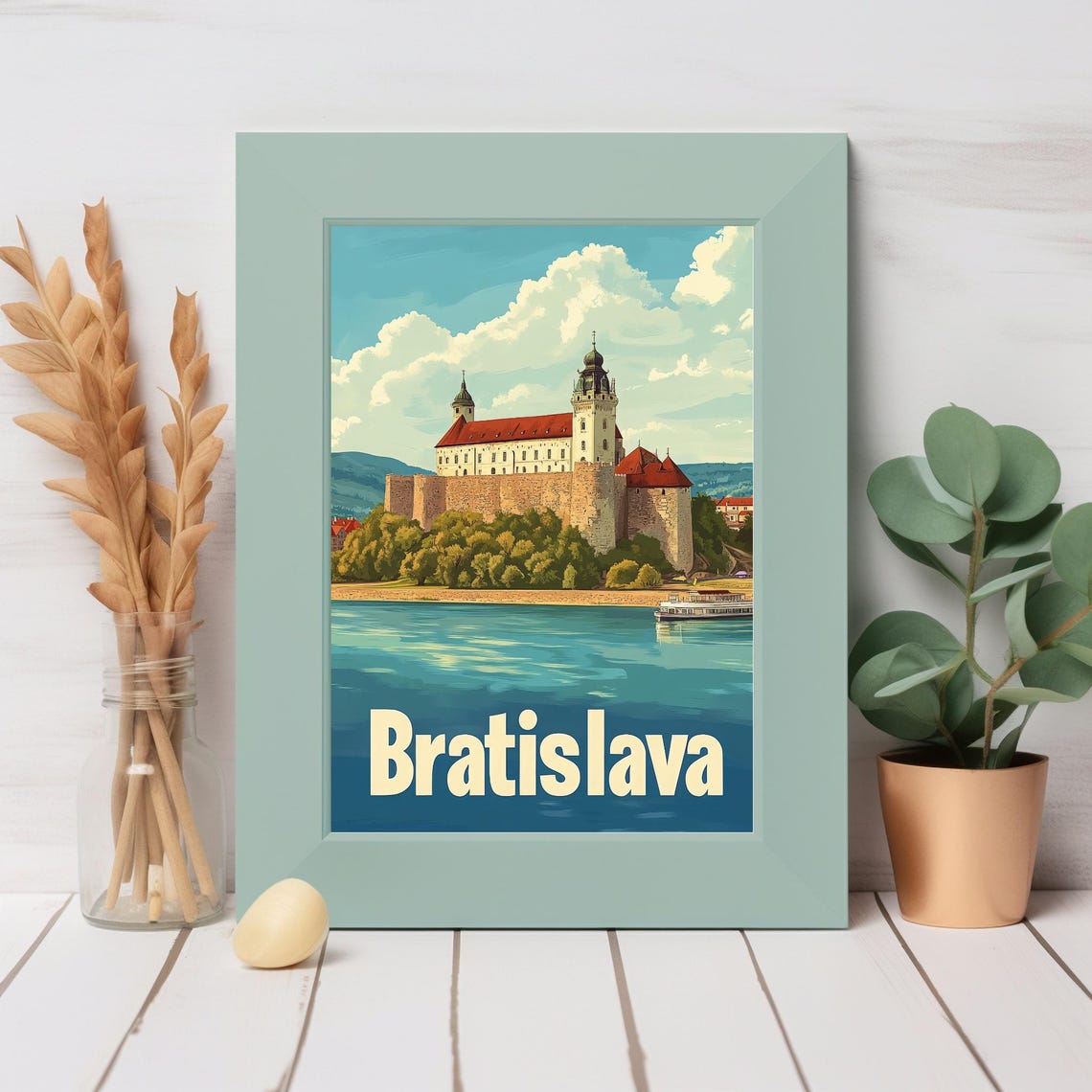 Explore The Charm Of Bratislava Vintage Travel Art Featuring Castle River And Scenic Hills - Image 3