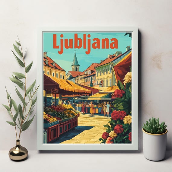 Vibrant Ljubljana Market Scene Colorful Art Print With Fruits Flowers And Charming Architecture Instant