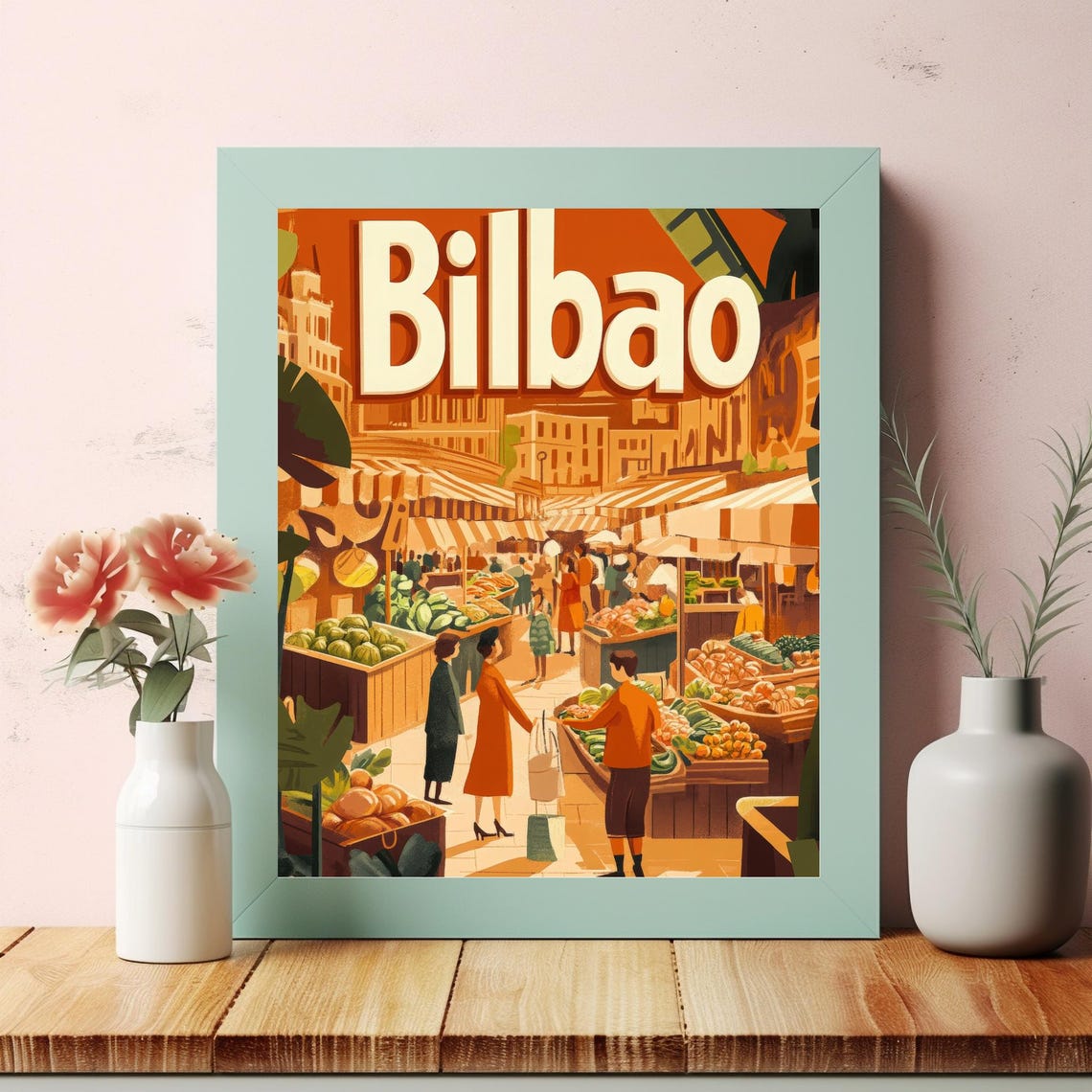Vibrant Bilbao Market Scene Lively Urban Illustration With Classic Architecture In Warm Tones - Image 2