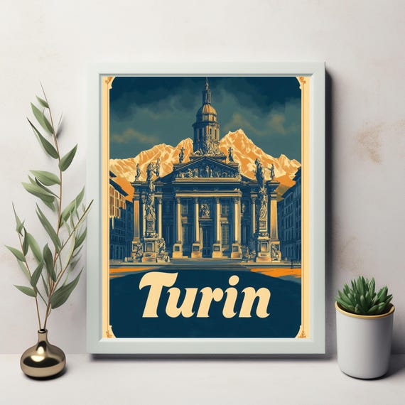 Vintage Turin Poster Neoclassical Architecture With Mountains Instant For Wall Art Decoration
