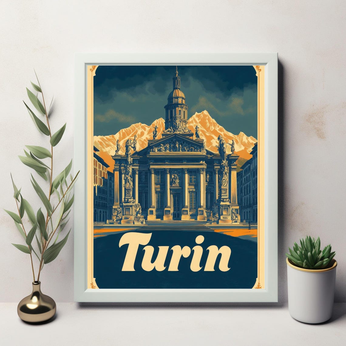 Vintage Turin Poster Neoclassical Architecture With Mountains Instant For Wall Art Decoration