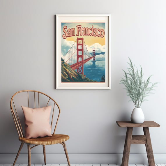 Vintage San Francisco Golden Gate Bridge Art Retro Travel Poster Style With Serene Waters And Rocky Coastline