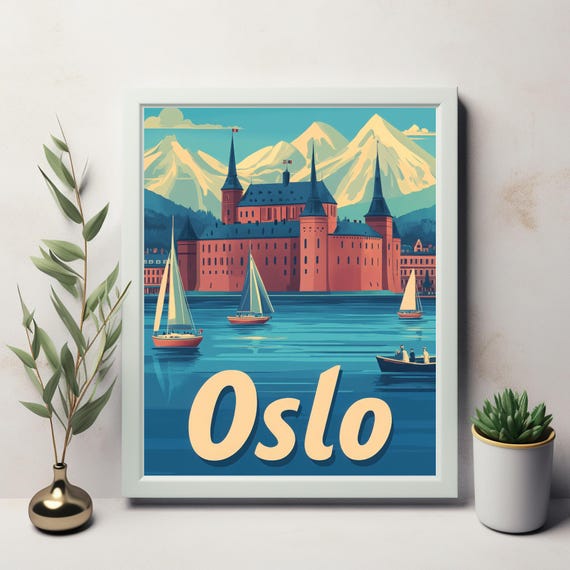 Vintage Oslo Castle Fortress Illustration With Sailboats Nostalgic Art Print For Home Decor Instant