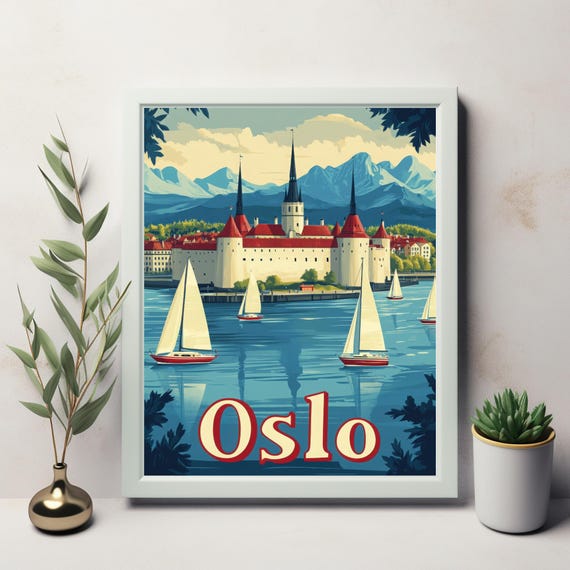 Enchanting Oslo Castle By Serene Waters With Sailboats And Majestic Mountains Vintage Travel Poster Inspired Art