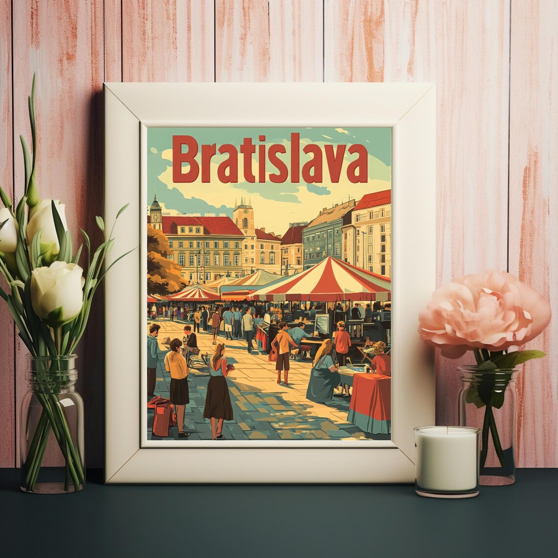 Bratislava Old Town Market Square Striped Tents Vintage Travel Poster