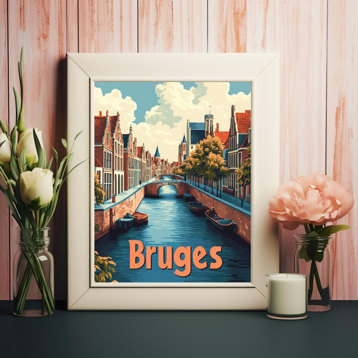 Bruges Canal Scene, Traditional Architecture Travel Poster - Image 2