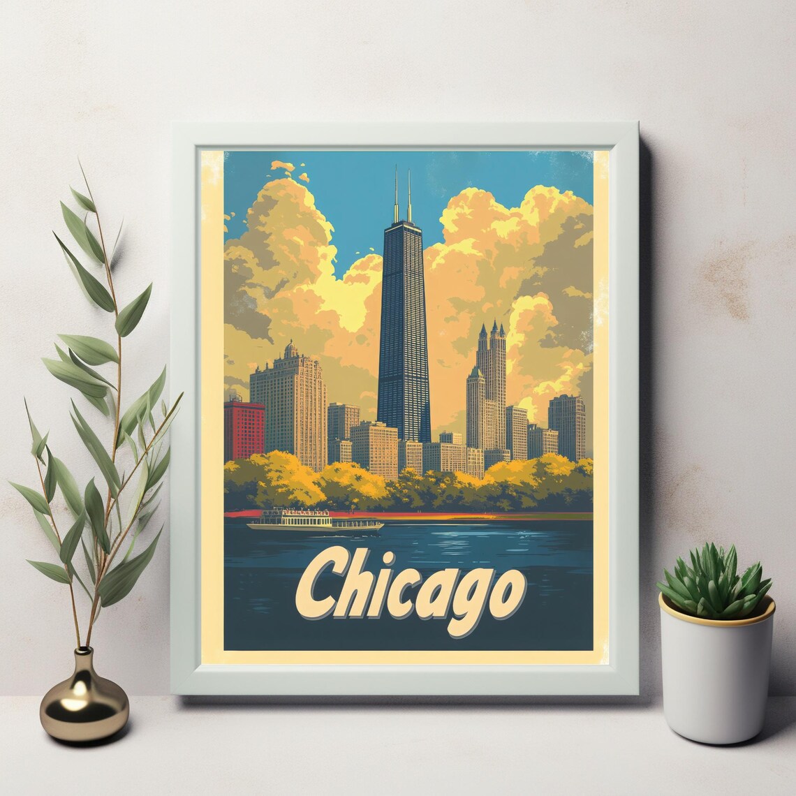 Vintage Chicago Skyline, Willis Tower And River