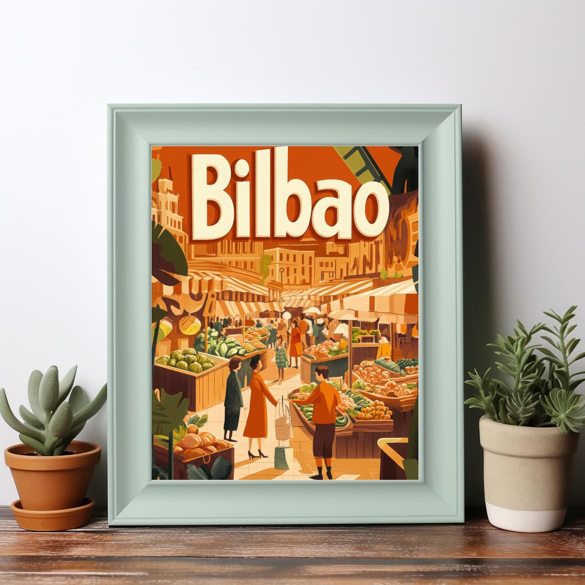 Vibrant Bilbao Market Scene Lively Urban Illustration With Classic Architecture In Warm Tones - Image 3
