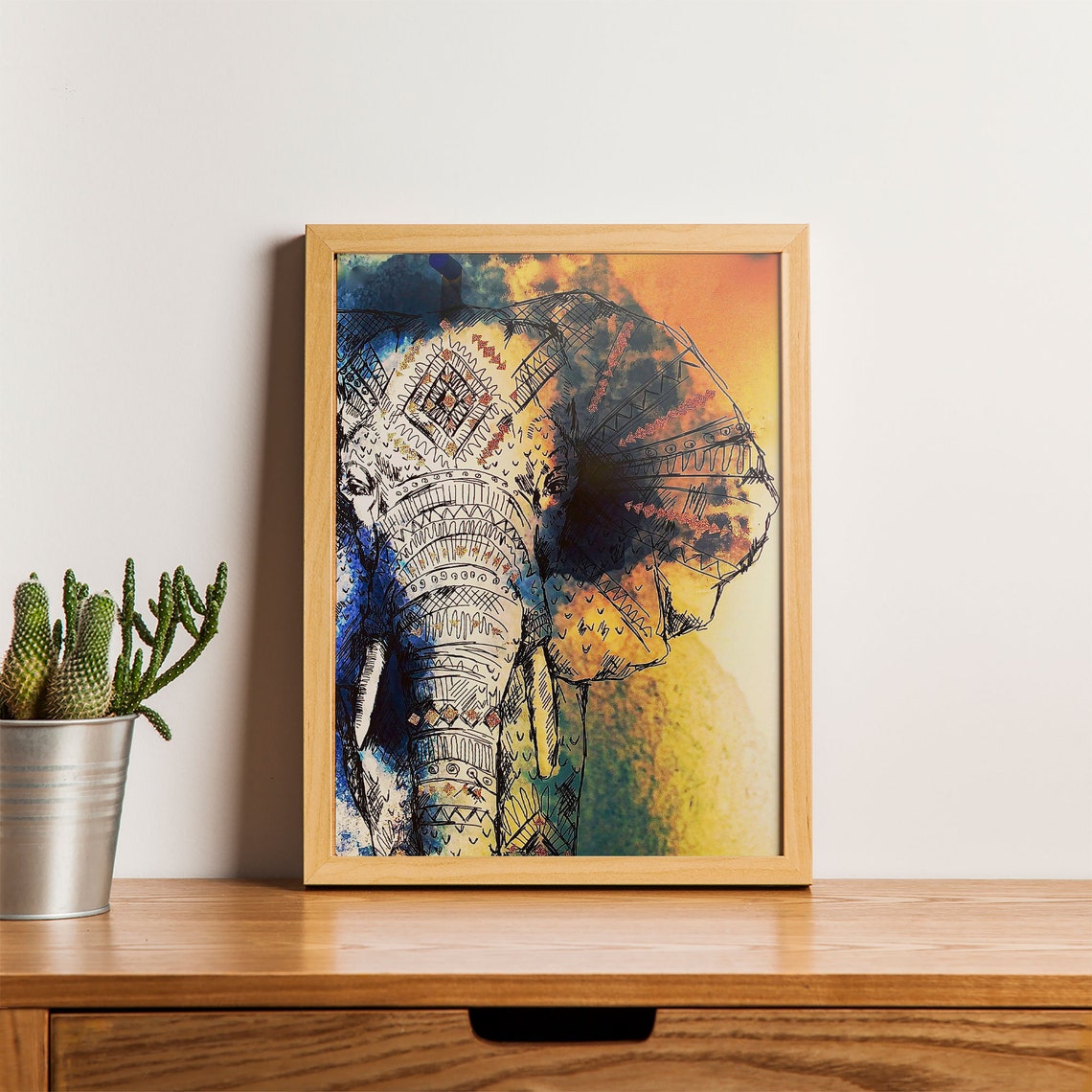 Decorative Patterned Elephant Head Tribal Watercolor Art Print - Image 2
