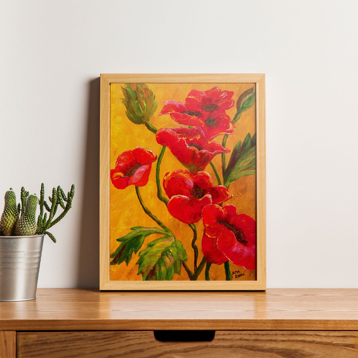 Bright Red Poppies on Golden Yellow Background Floral Art Print