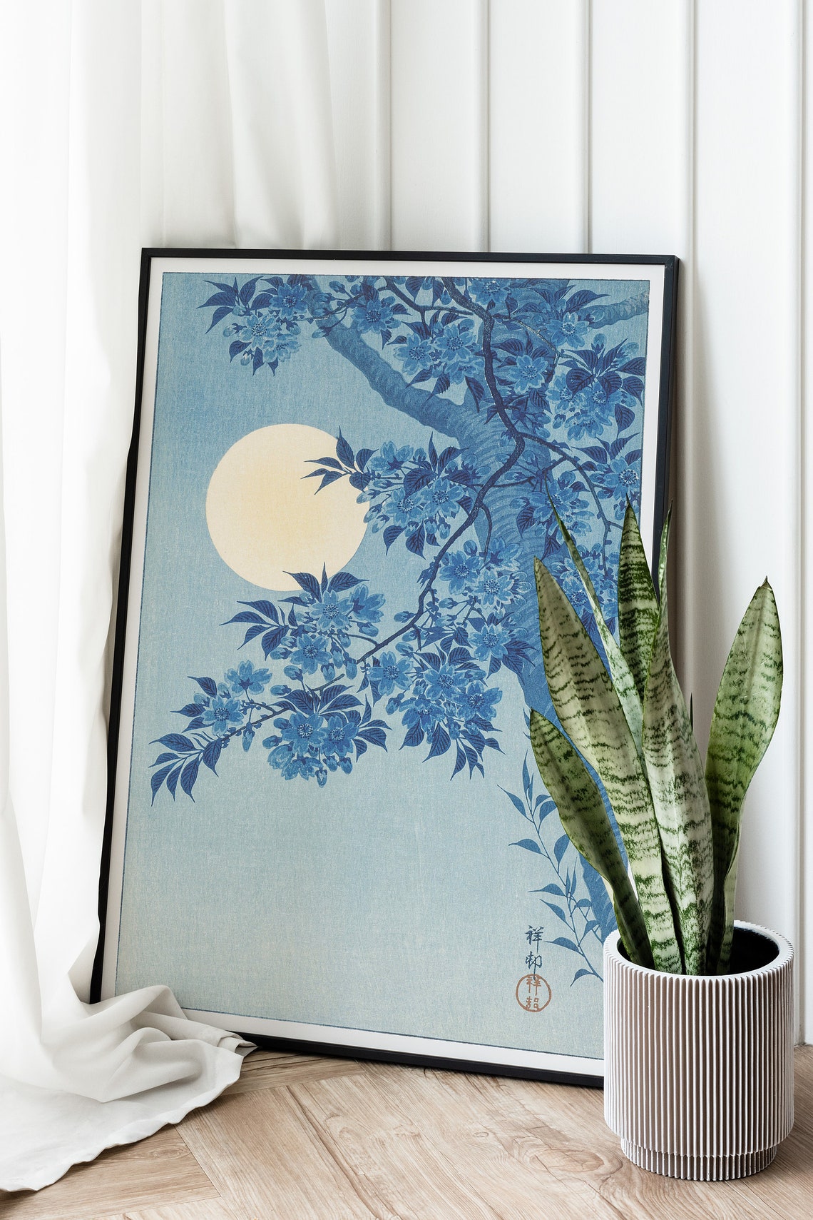 Blue Cherry Blossom Moon Japanese Woodblock Floral Art Print - Image 2