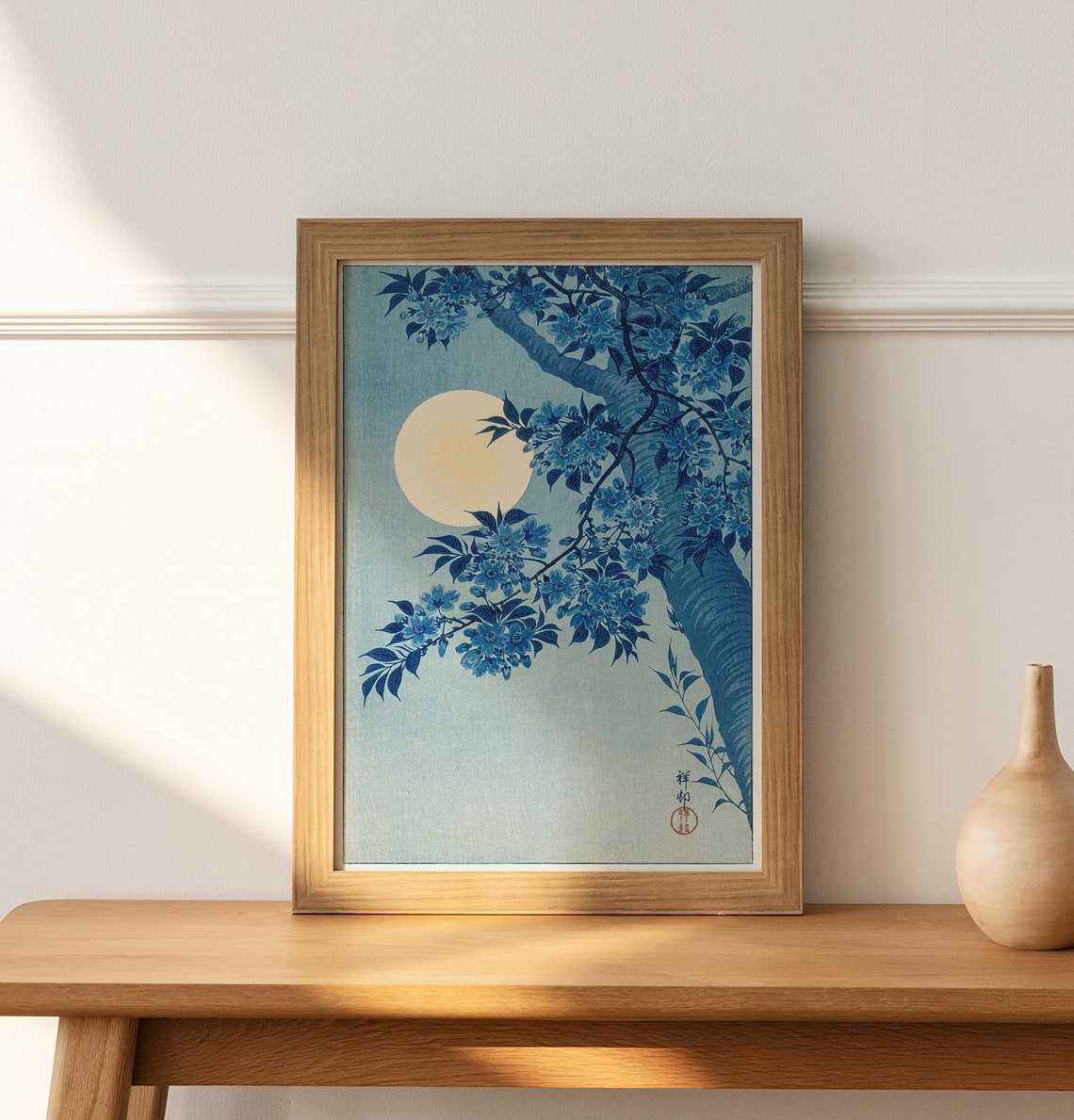 Blue Cherry Blossom Moon Japanese Woodblock Floral Art Print