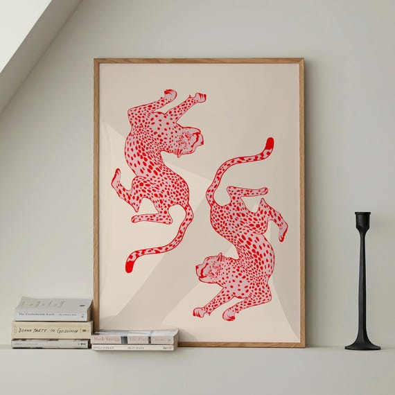 Red Cheetah Animal Print Trendy Wall Art Leopard Poster Preppy Dorm Decor Apartment Maximalist Retro Y2k