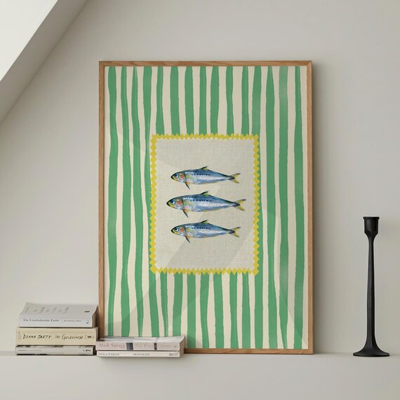 Vintage Sardines Fish Print Green Stripe Trendy Kitchen Wall Art Retro Modern Food Home Decor