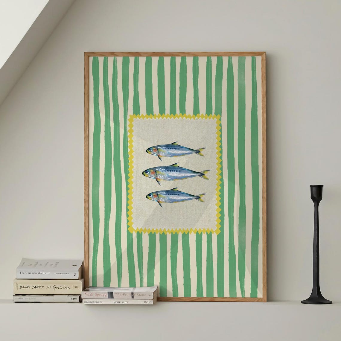 Green Striped Fish Fabric Patch Coastal Kitchen Art Decor Poster