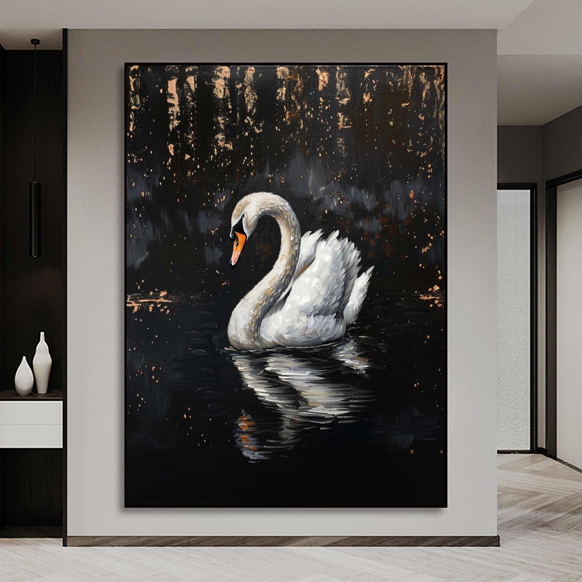 Graceful White Swan on Black Water Gold Leaf Elegant Oil Art Poster - Image 3