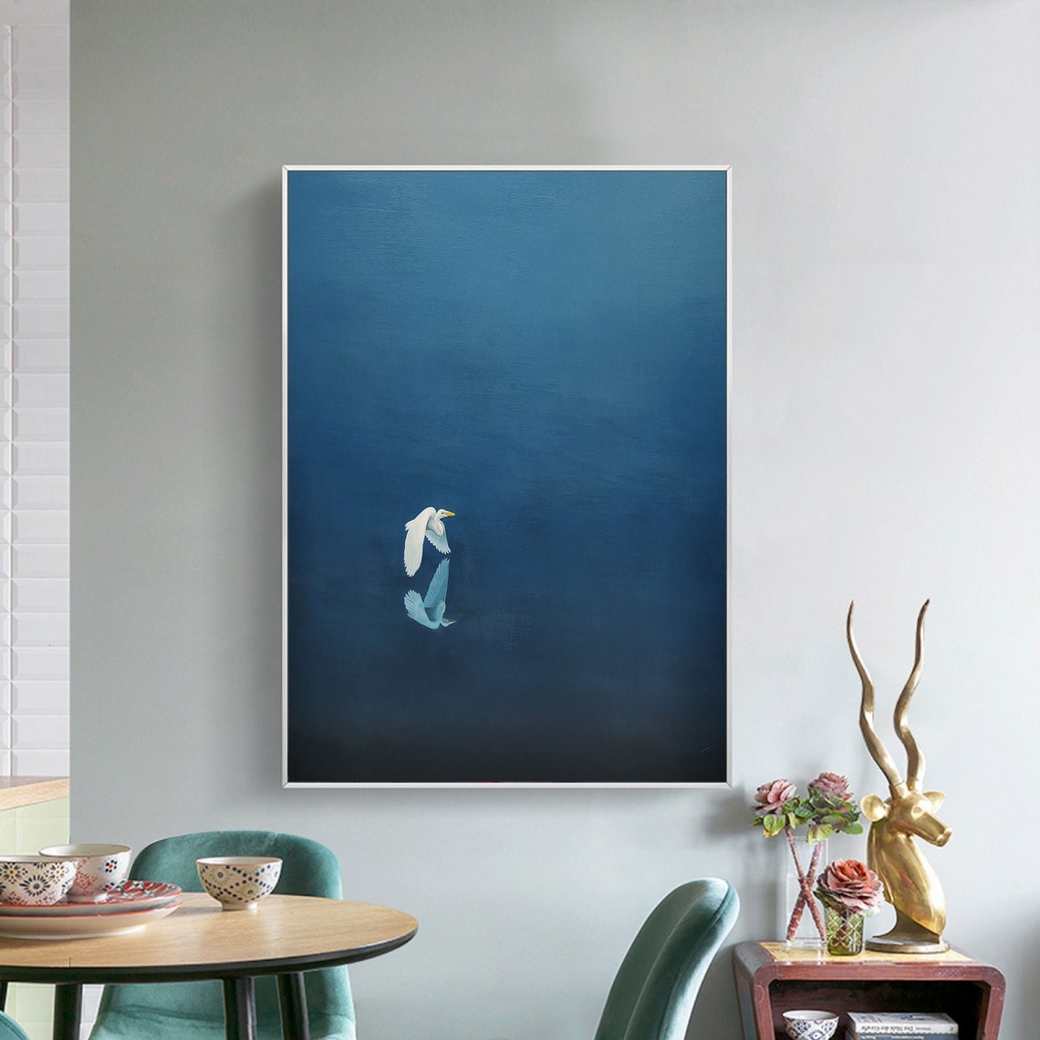 Emerald Blue Abstract Painting White Bird Flight Minimalist Wall Art - Image 3