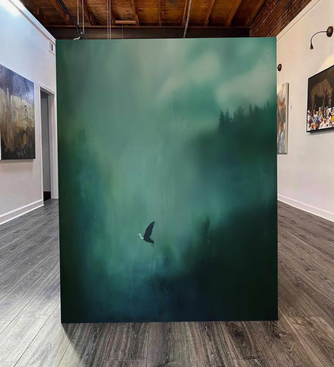 Dark Green Misty Forest Lone Bird Surreal Atmospheric Painting Print - Image 3