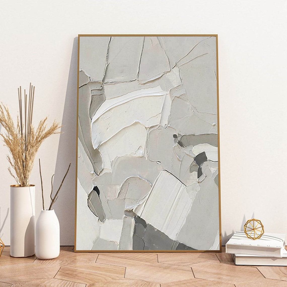 White Gray Cracked Plaster 3D Texture Minimalist Canvas Art Poster - Image 3