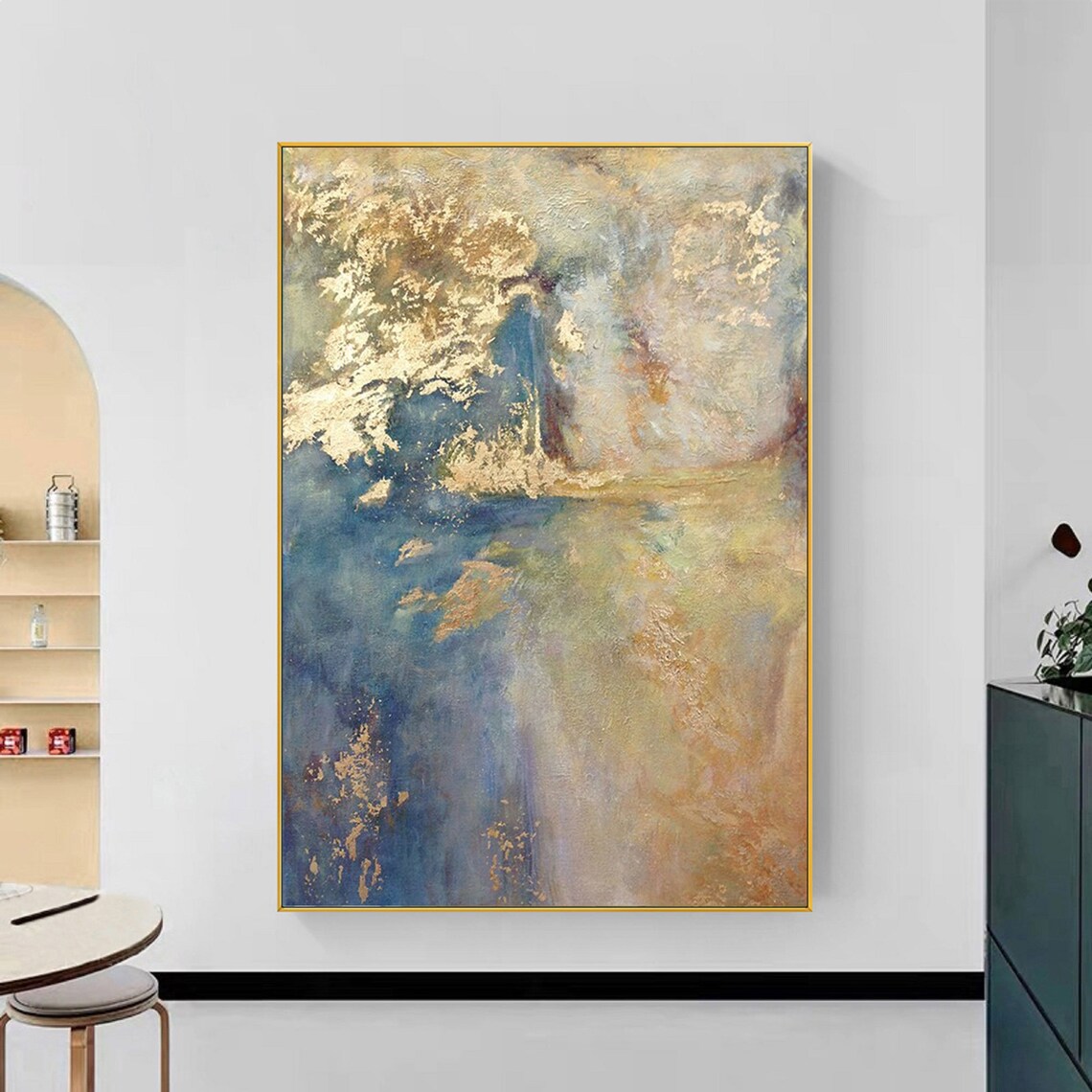 Light Blue Abstract Gold Minimalist Art Print - Image 2