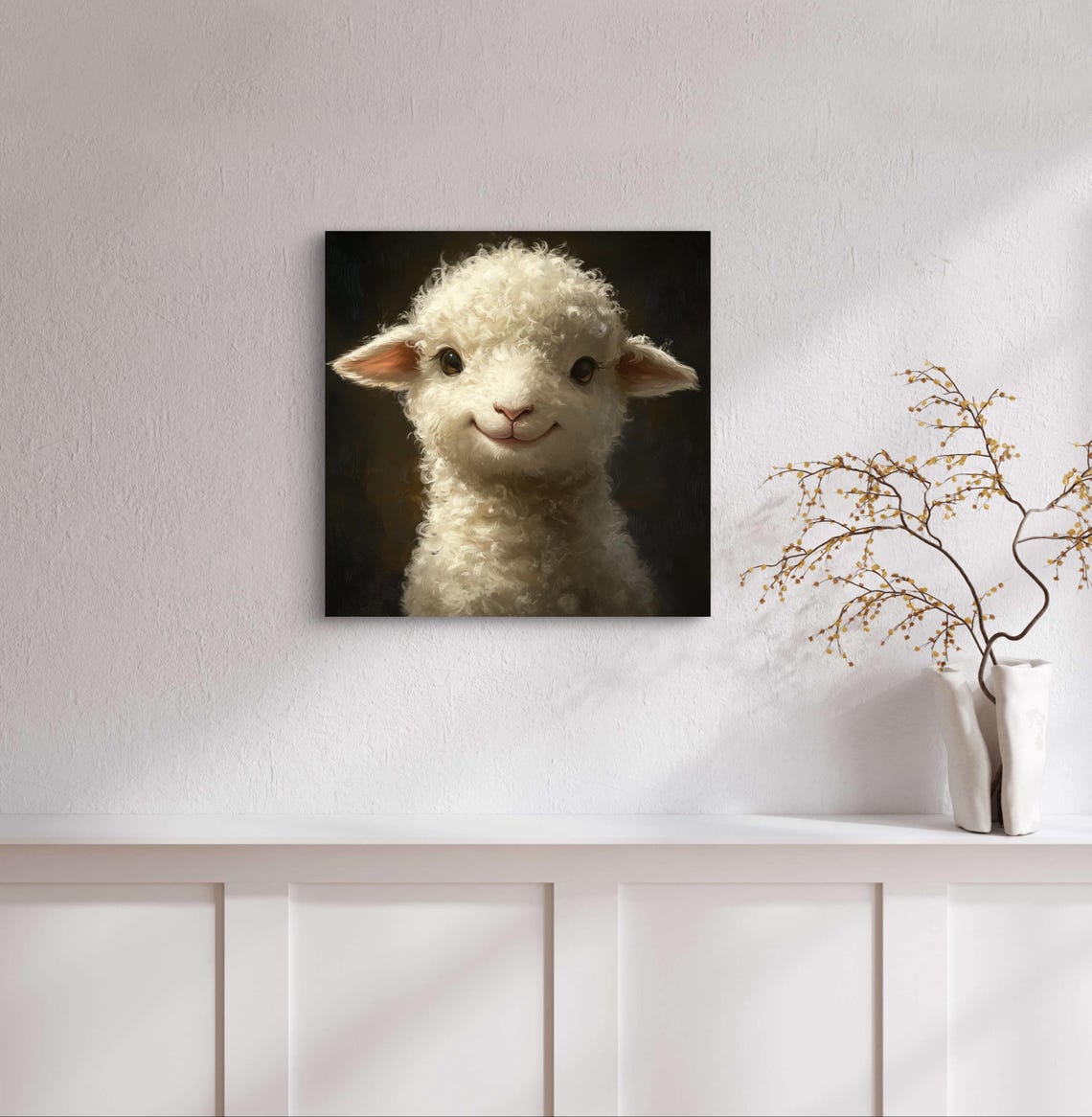 Smiling Baby Lamb Portrait Curly White Wool Dark Background Art Poster