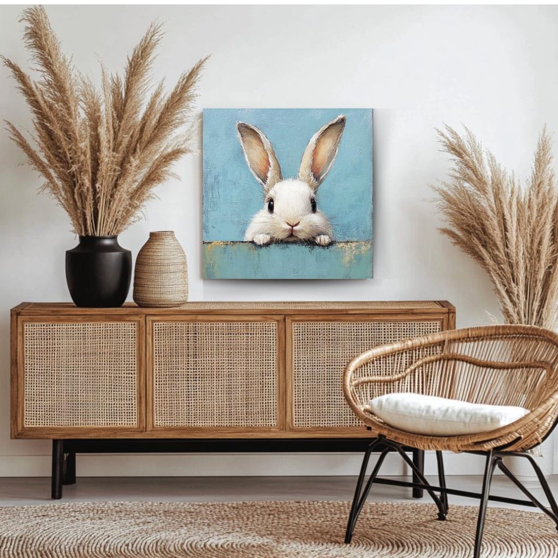 White Bunny Peeking Over Edge On Blue Cute Kids Room Animal Poster