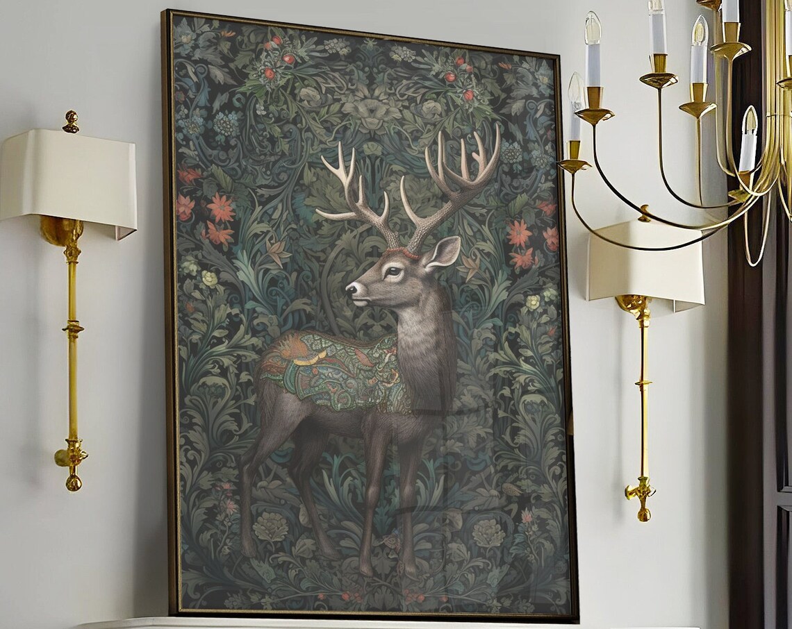 William Morris Inspired Deer Art Print, Nature Decor