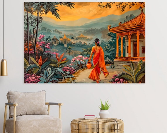 Traditional Indian Village Scenery Indian Landscape Print Indian Woman In Saree Wall Art Indian Style Wall Art Indian Folk Landscape