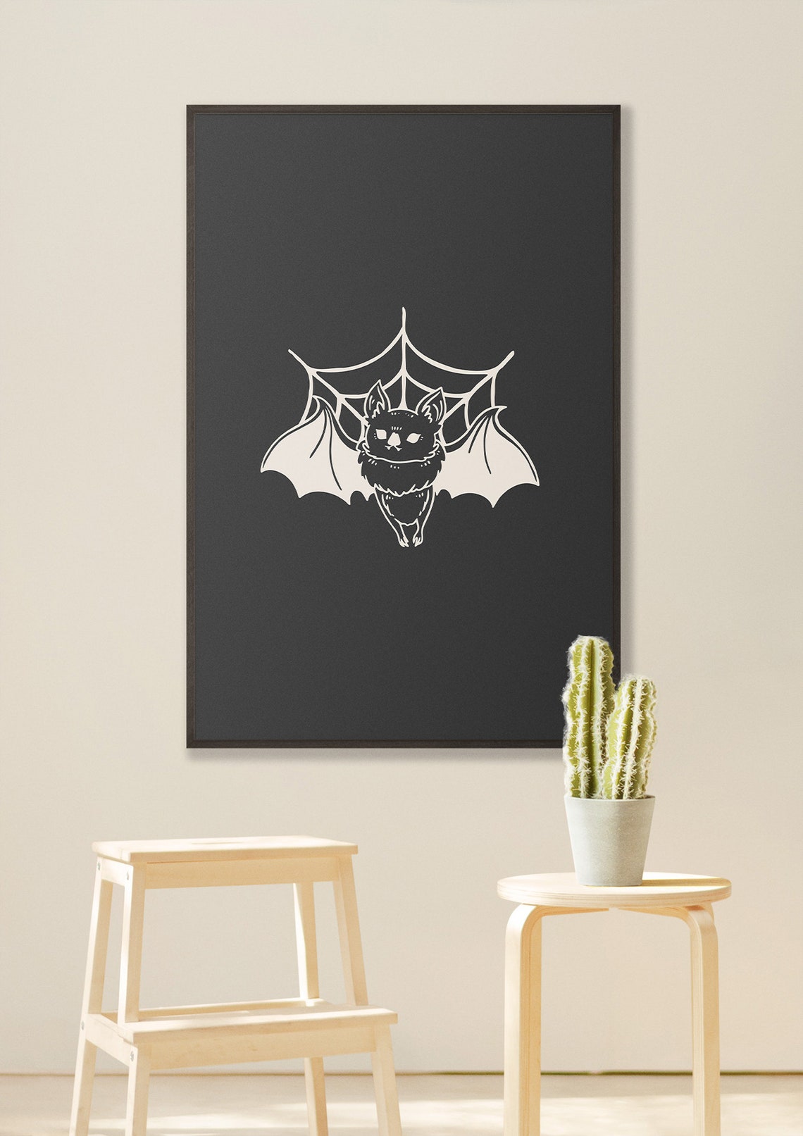Cute Bat Resting on Spiderweb Monochrome Halloween Art Wall Poster - Image 2
