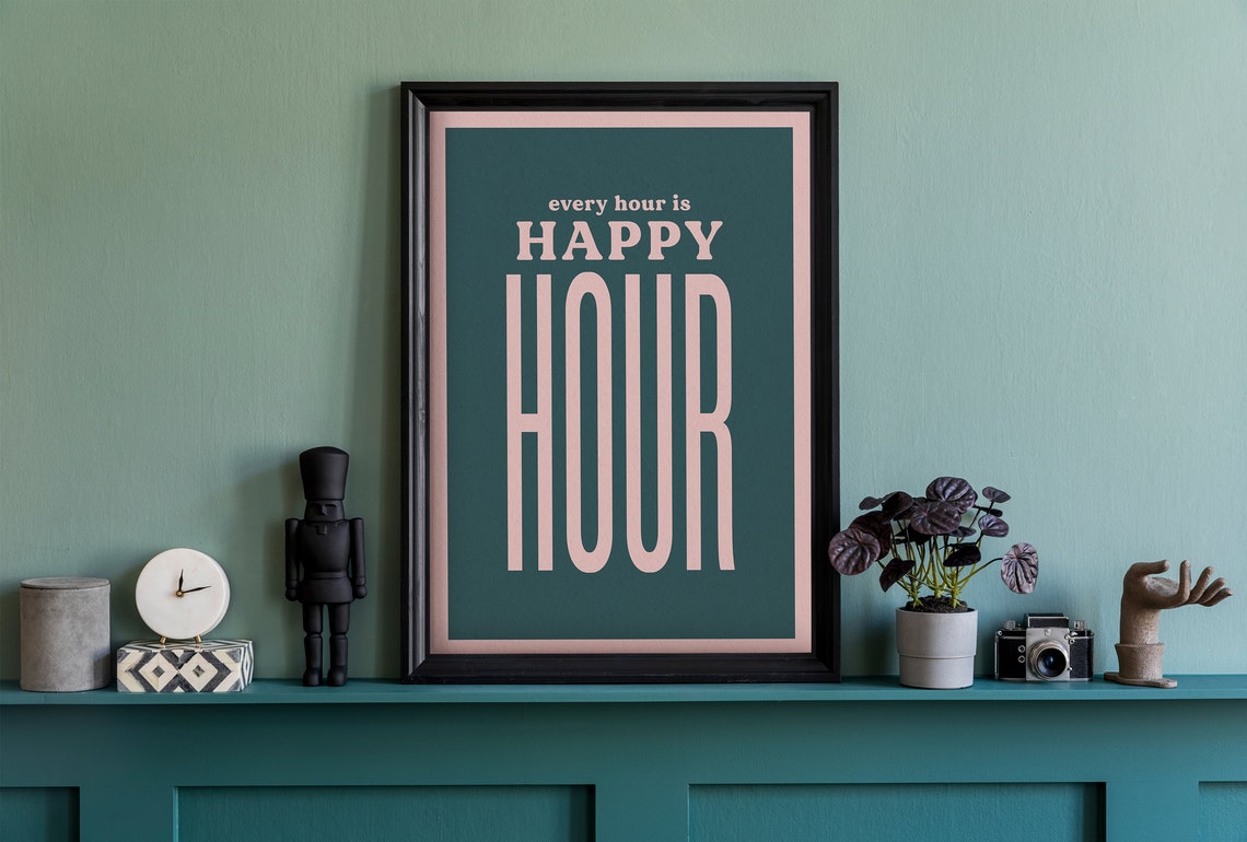 Every Hour Is Happy Hour Pink Teal Bar Cart Typography Poster - Image 3