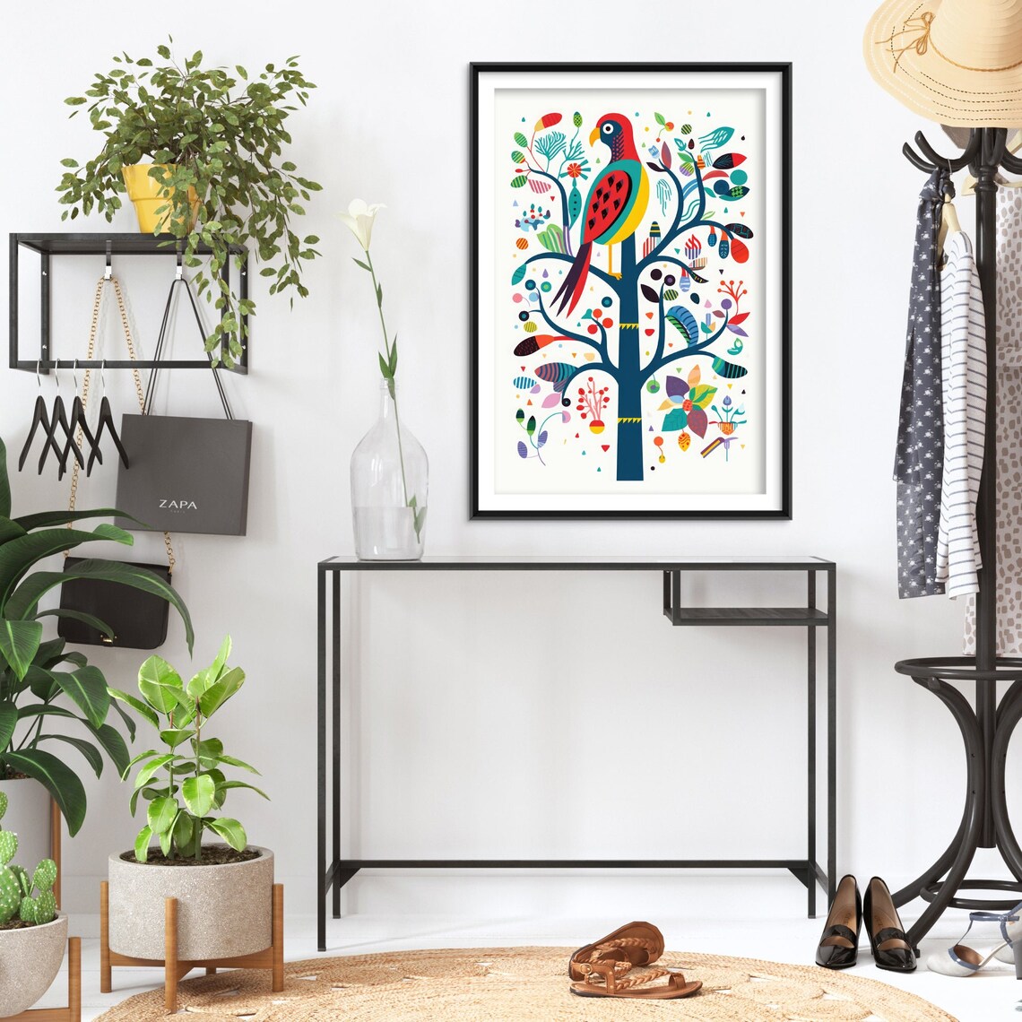 Folk Art Parrot Tree of Life Colorful Playful Tropical Bird Poster - Image 2