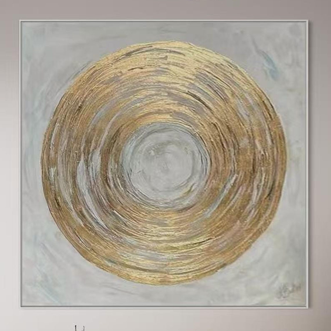 Gold Concentric Circle Swirl on Light Gray Square Abstract Poster