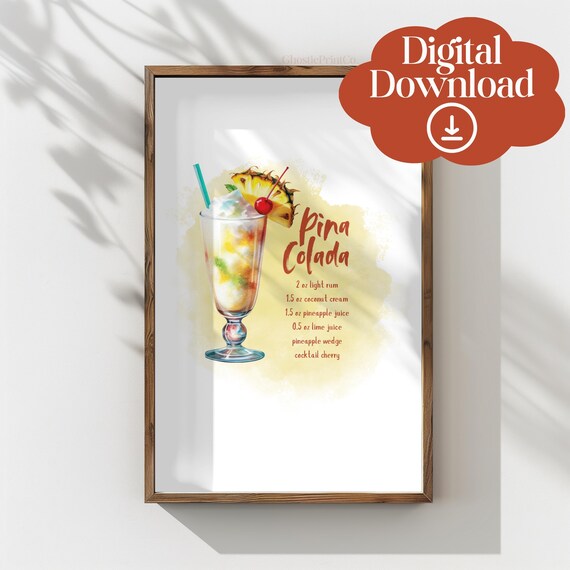 Pina Colada Watercolor Tropical Cocktail Glass Summer Bar Poster