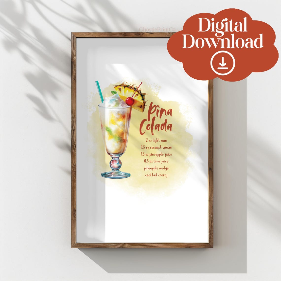 Pina Colada Watercolor Tropical Cocktail Glass Summer Bar Poster