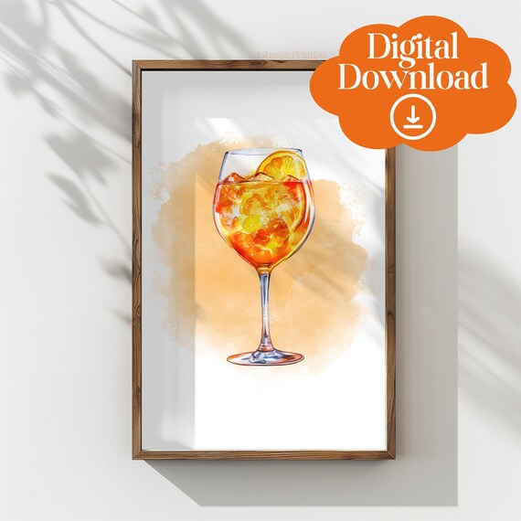 Aperol Spritz Watercolor Cocktail Glass Orange Slice Bar Art Poster